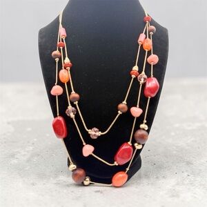 Boho Multi-Strand Beaded Necklace Red Coral Tone Wood Gold Layered